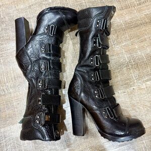Black Leather Goth Sexy Quality Mid-Calf High Heel Boots 5” Costume